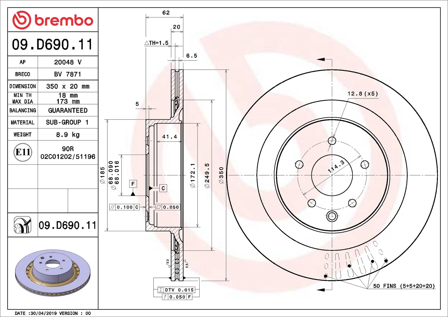 Disco freno BREMBO 09D69011