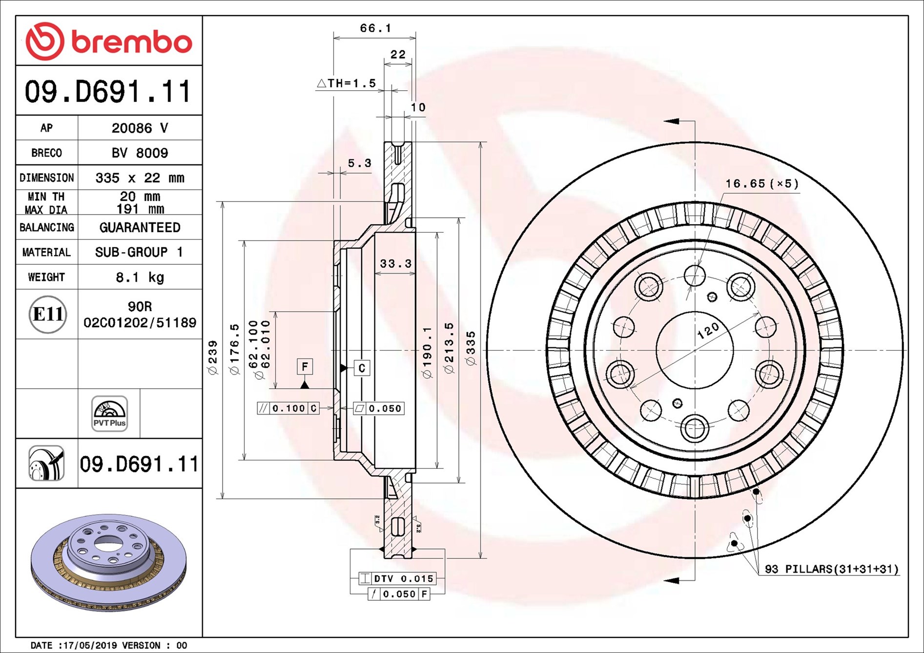 Disco freno BREMBO 09D69111