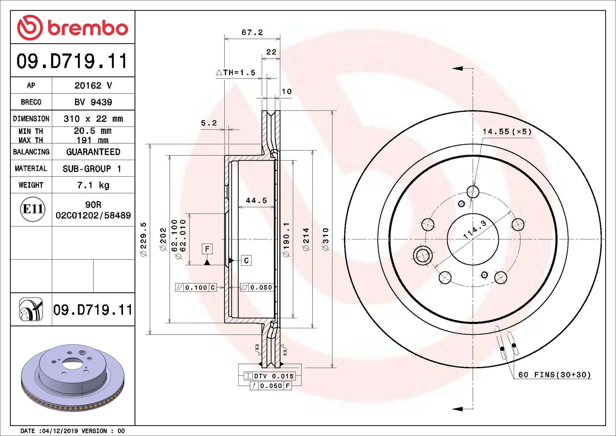 Disco freno BREMBO 09D71911