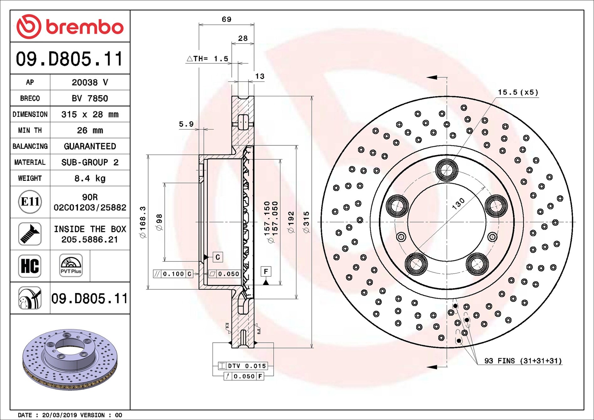 Disco freno BREMBO 09D80511