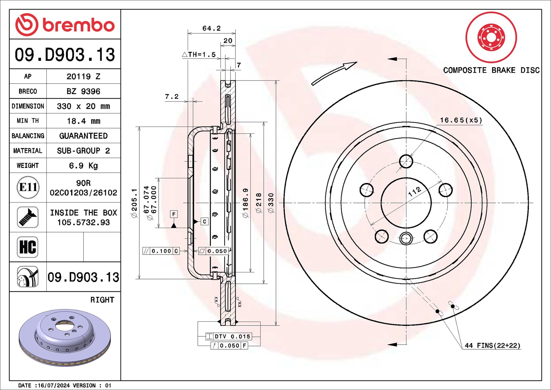 Disco freno BREMBO 09D90313