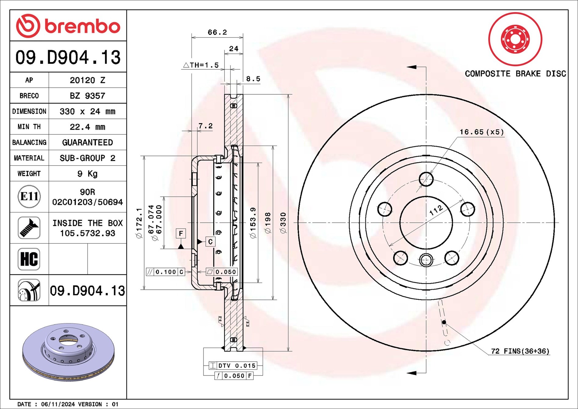 Disco freno BREMBO 09D90413