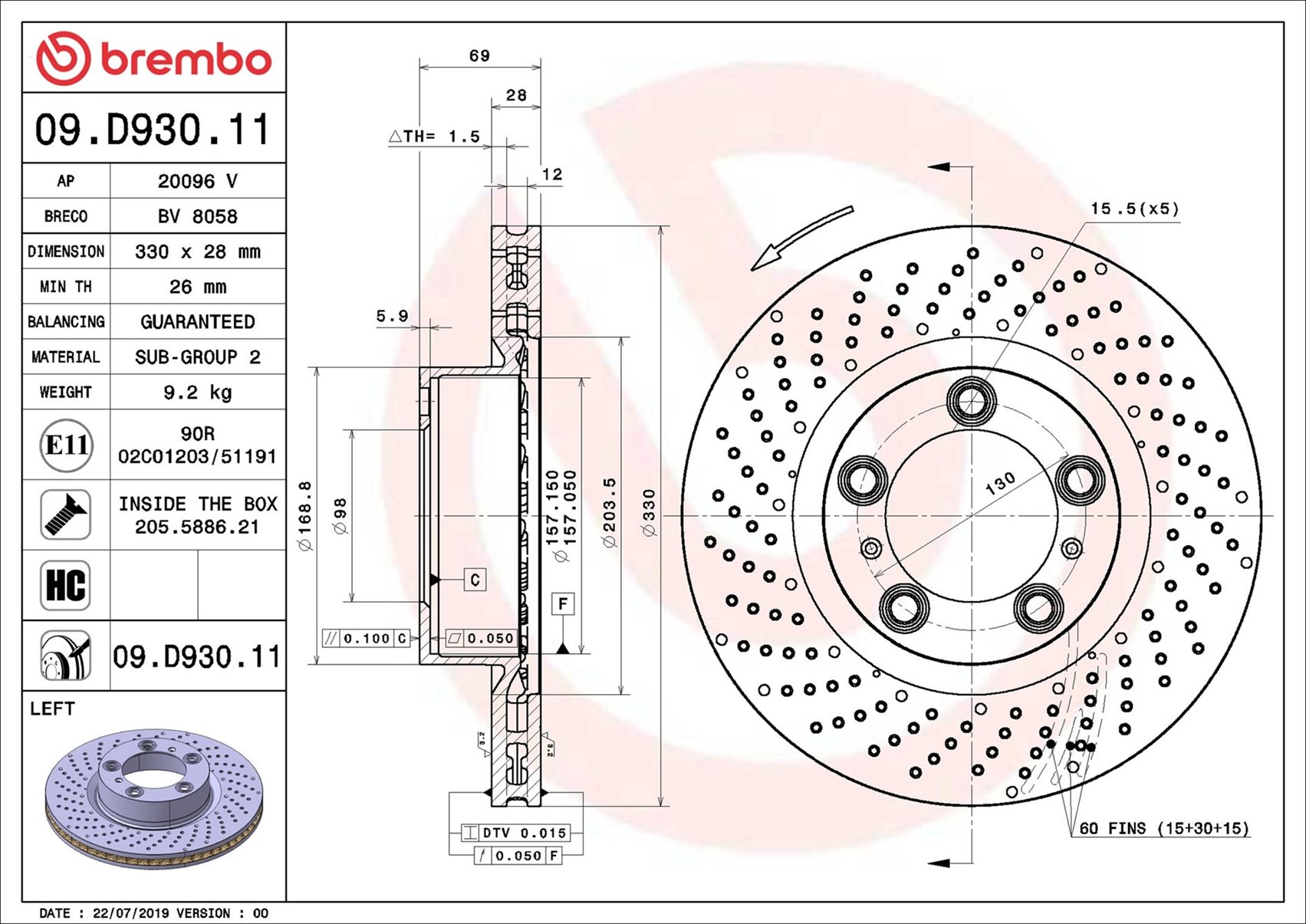 Disco freno BREMBO 09D93011