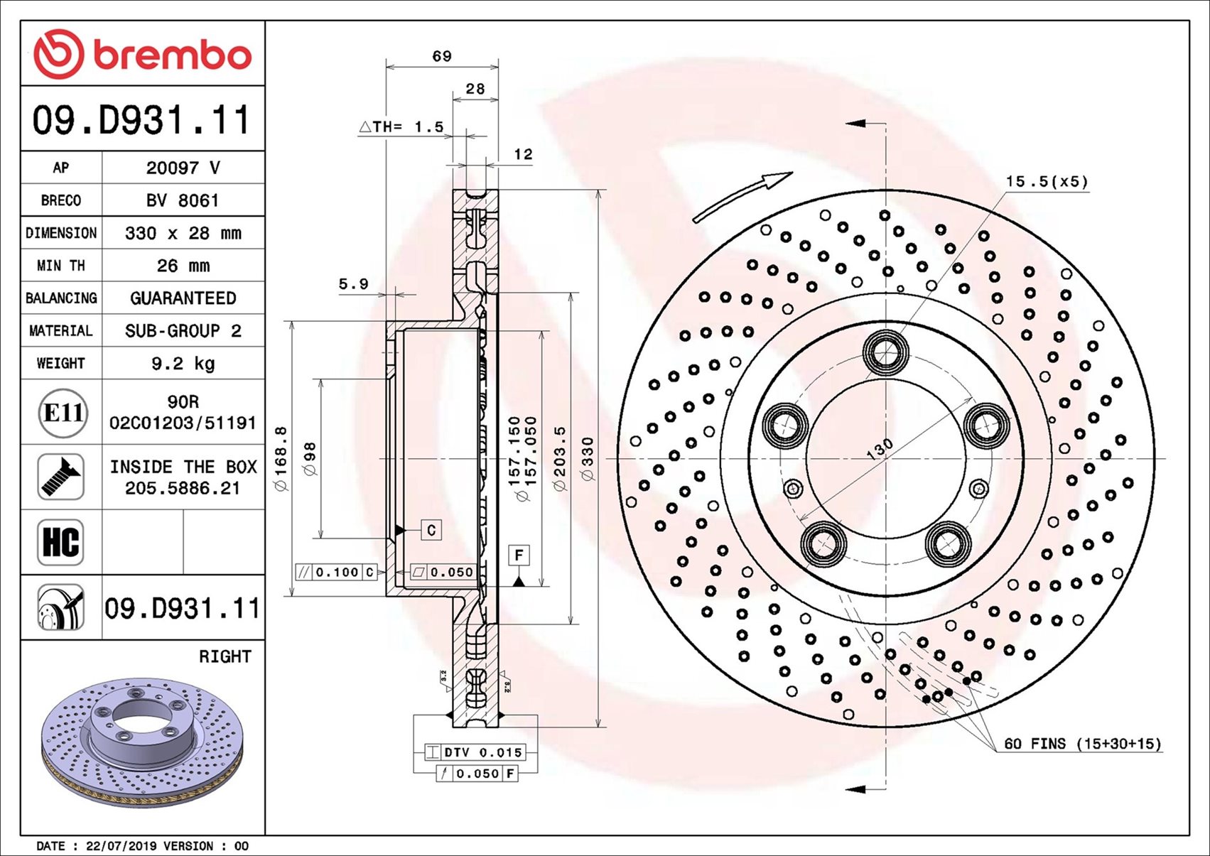 Disco freno BREMBO 09D93111