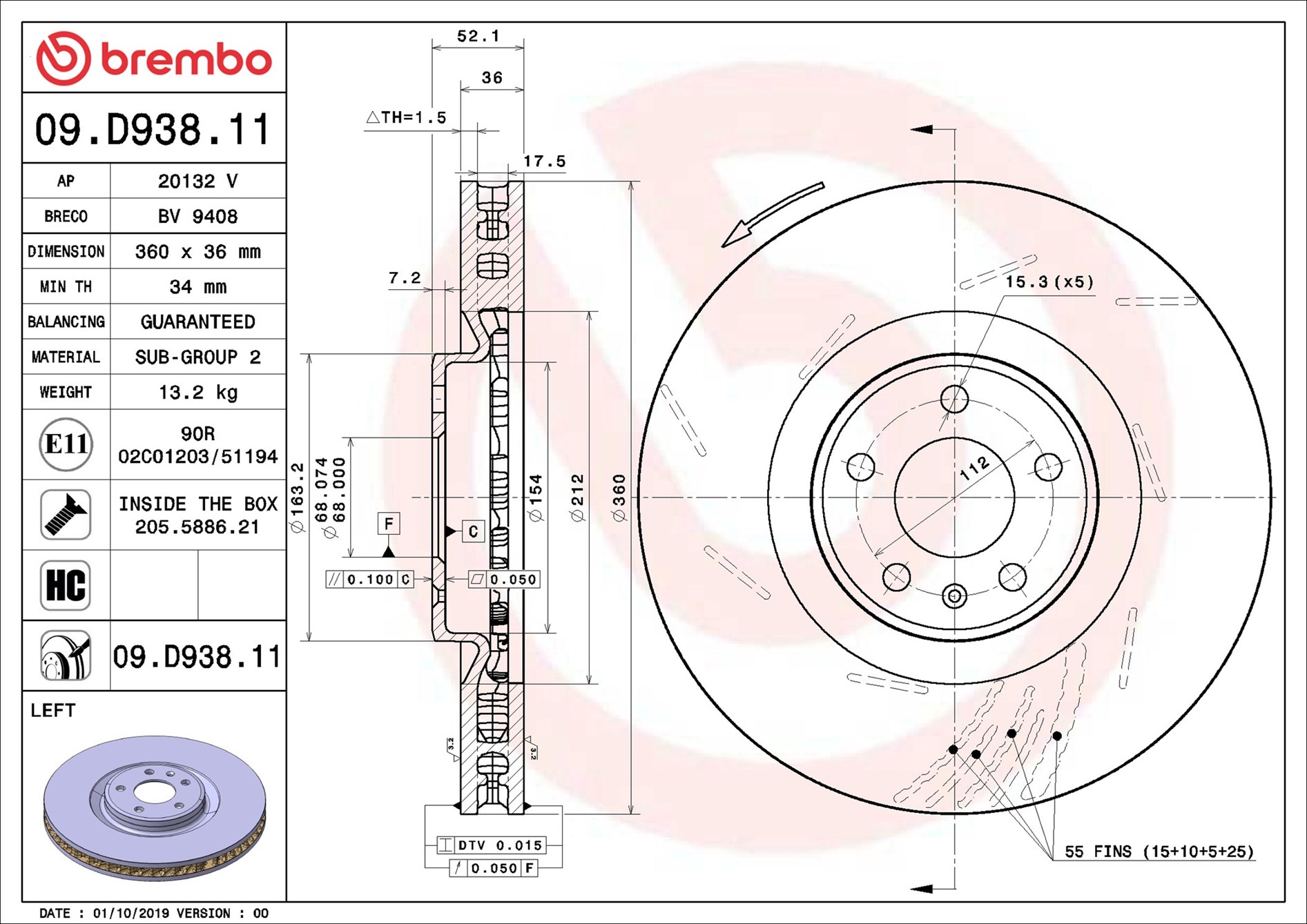 Disco freno BREMBO 09D93811
