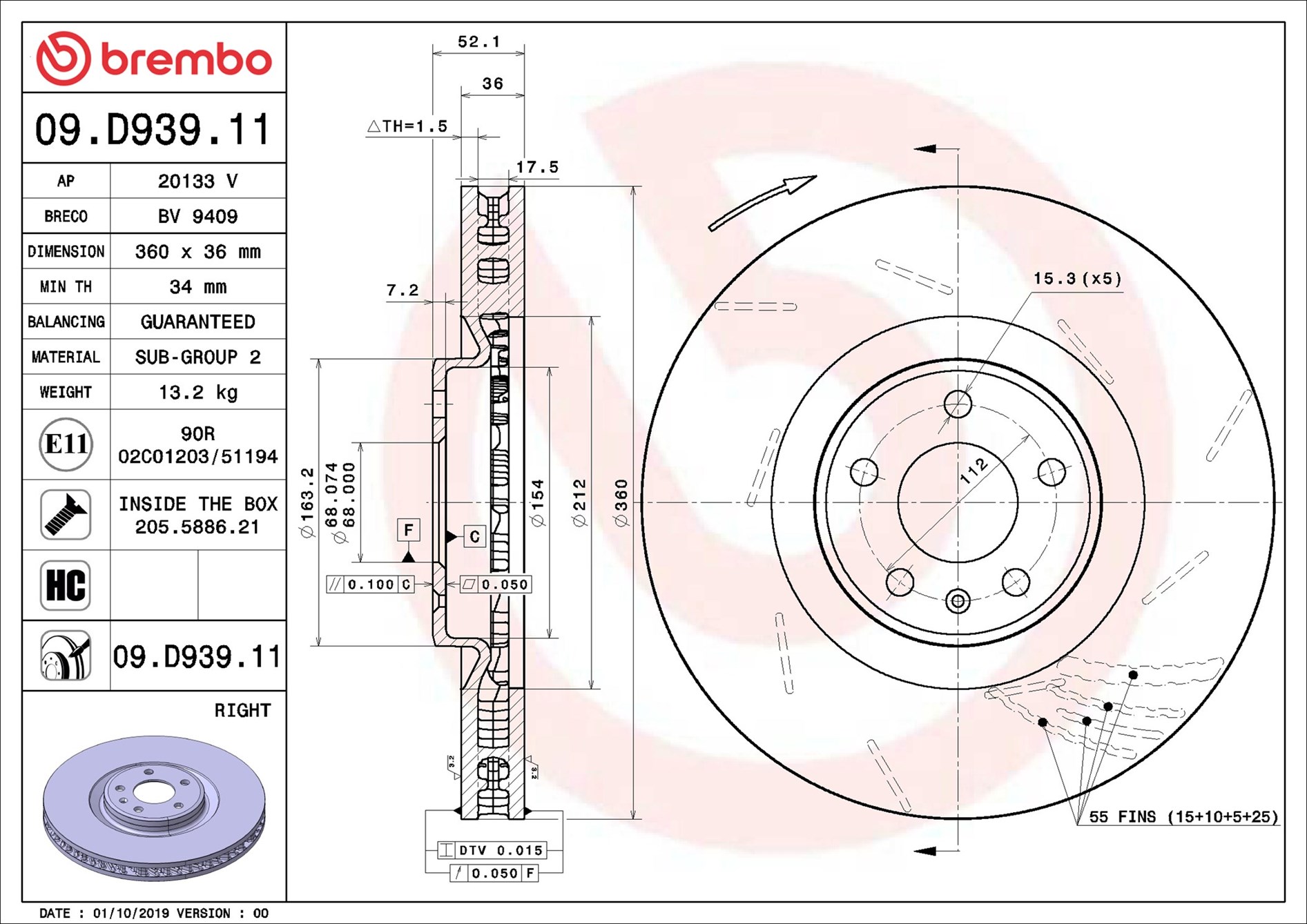 Disco freno BREMBO 09D93911
