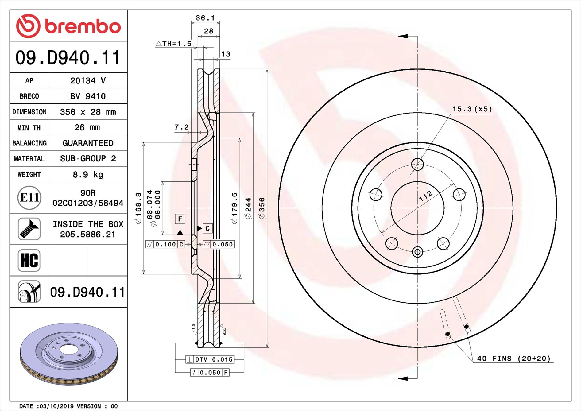 Disco freno BREMBO 09D94011