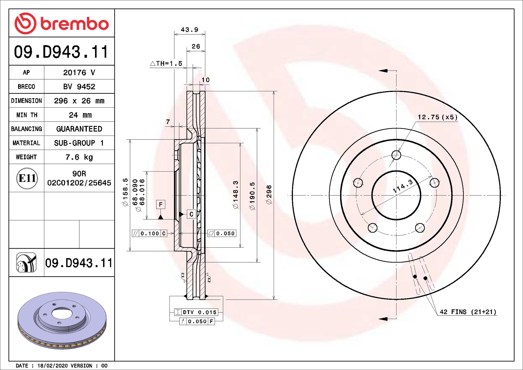 Disco freno BREMBO 09D94311
