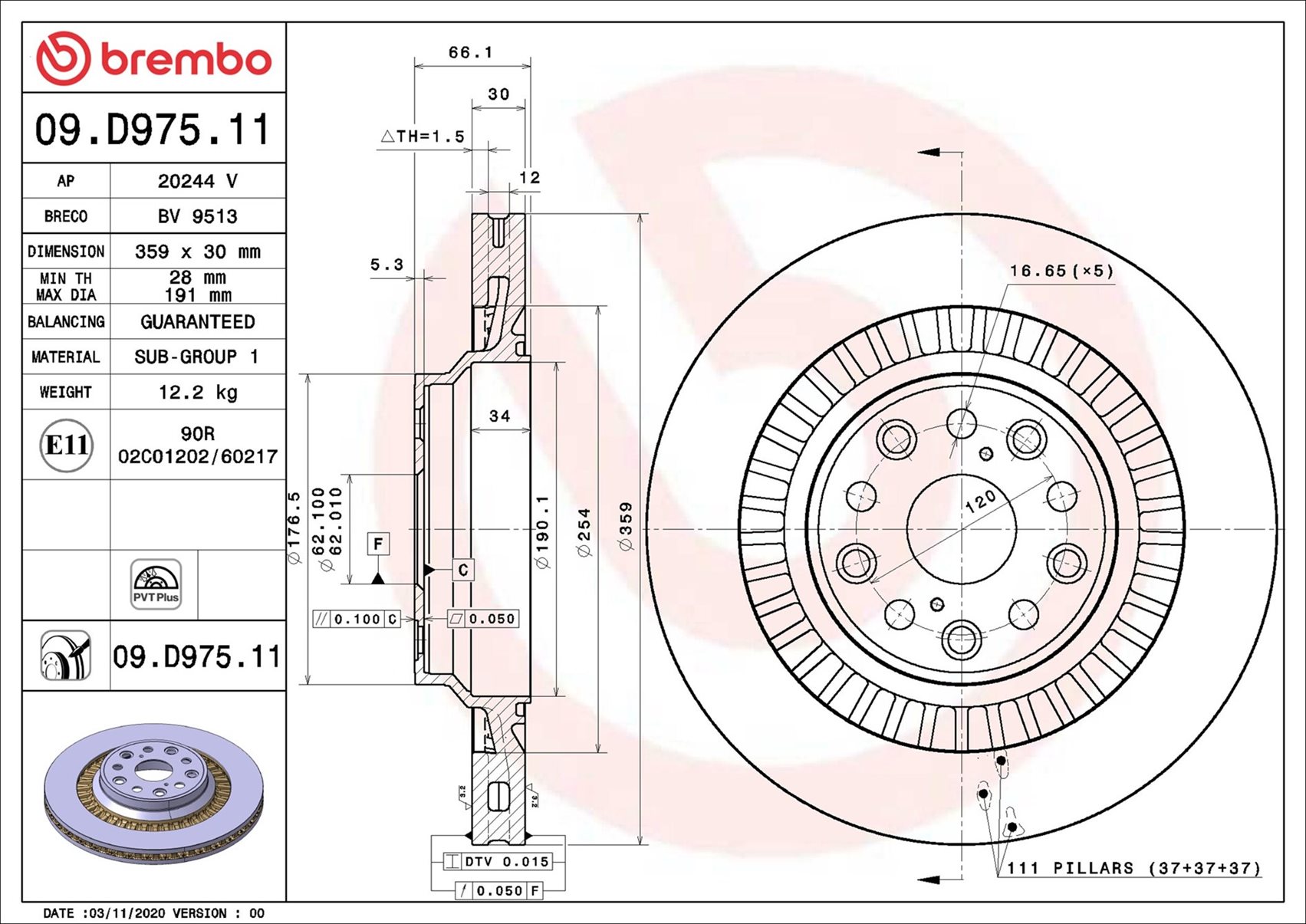 Disco freno BREMBO 09D97511