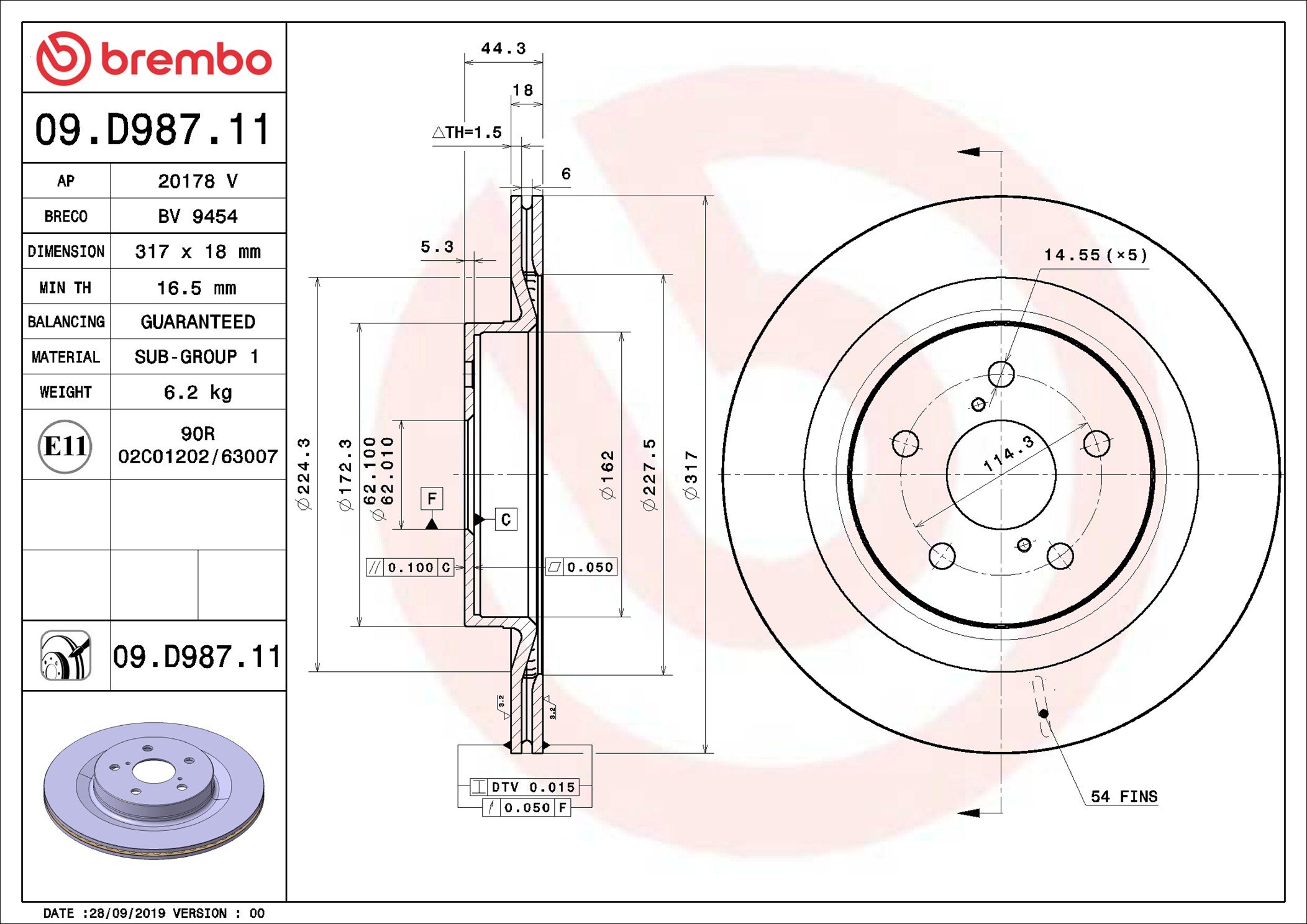 Disco freno BREMBO 09D98711