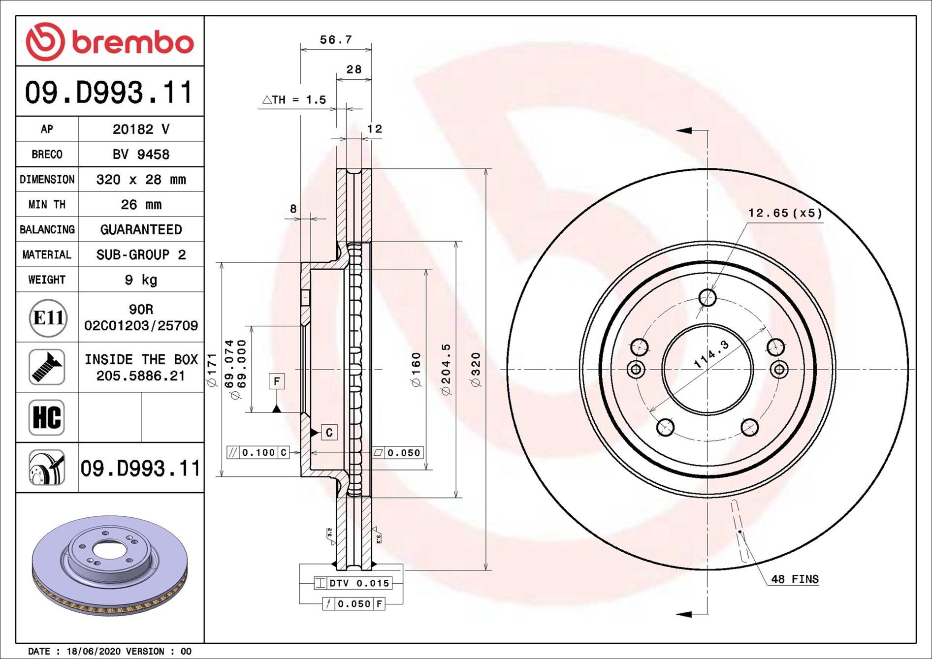 Disco freno BREMBO 09D99311