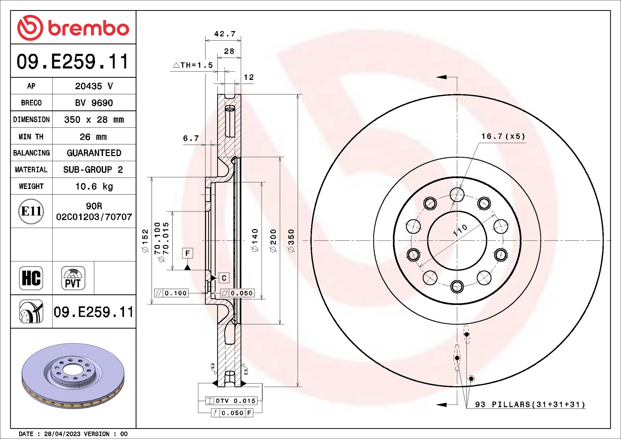 Disco freno BREMBO 09E25911