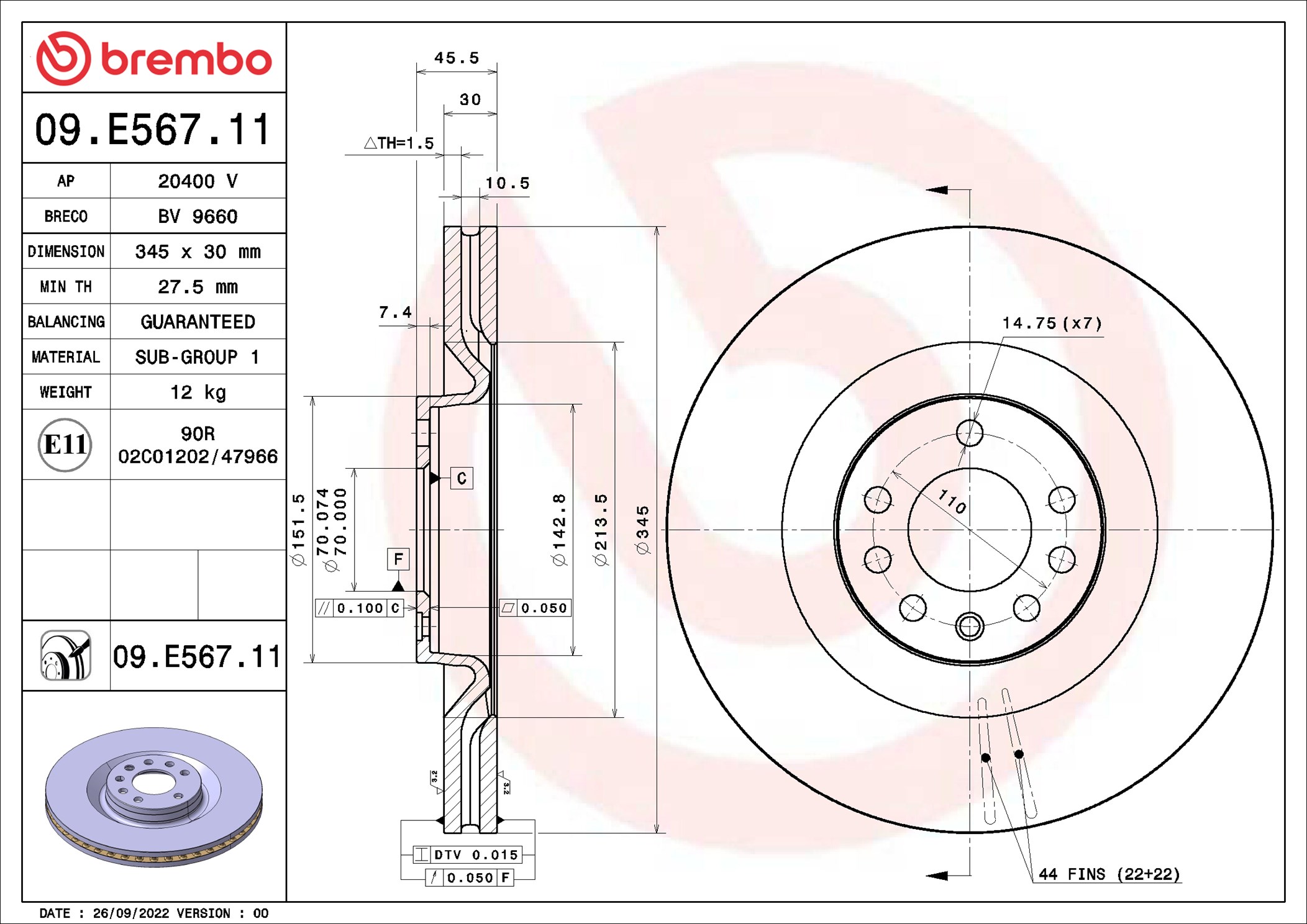 Disco freno BREMBO 09E56711