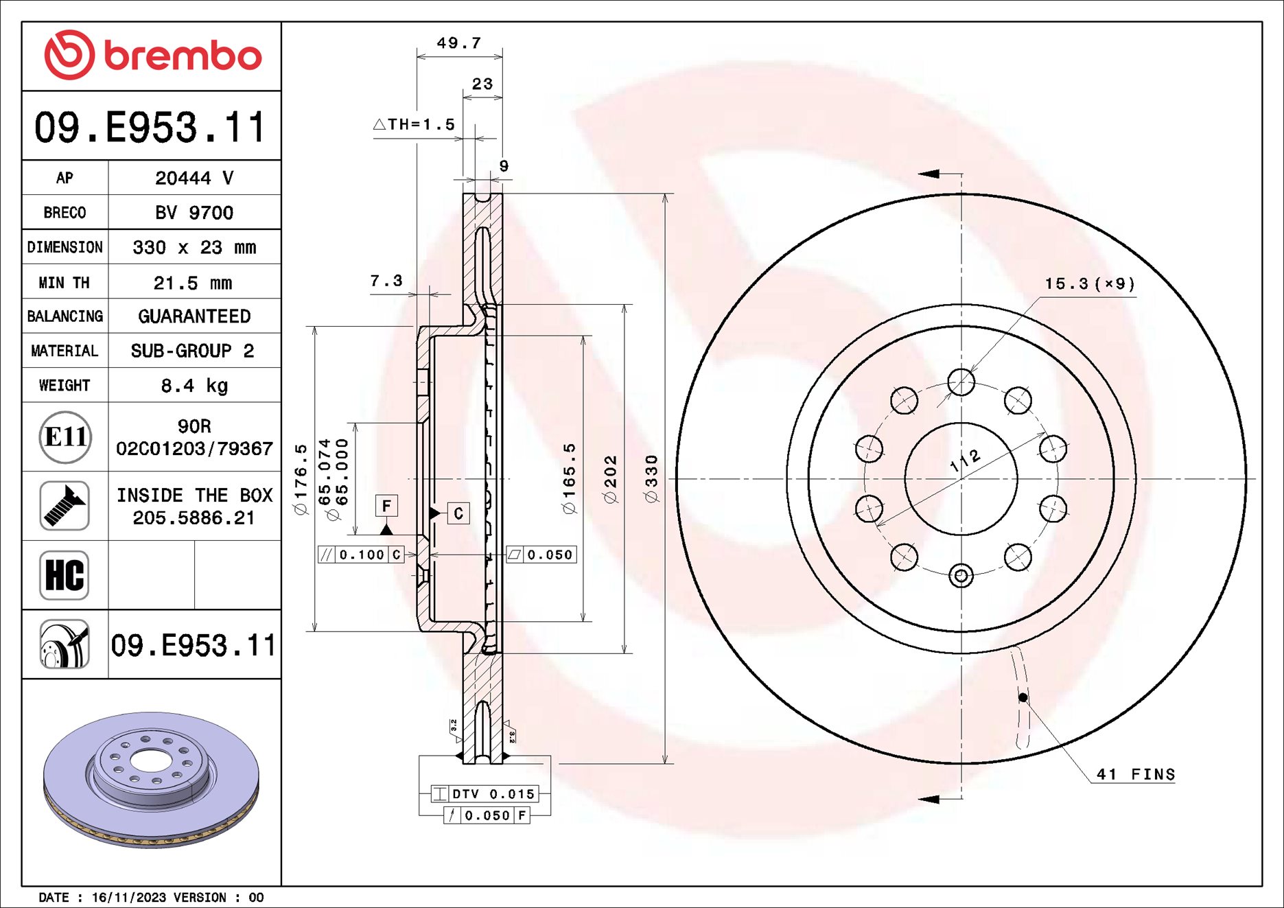 Disco freno BREMBO 09E95311