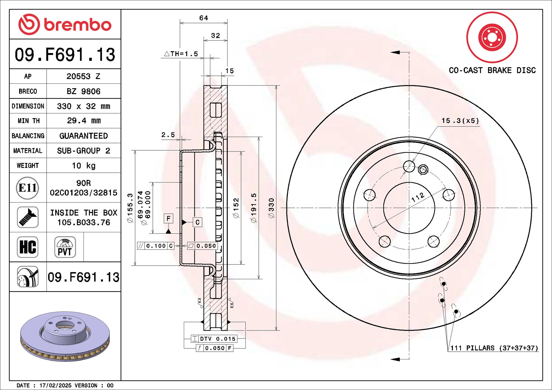 Disco freno BREMBO 09F69113