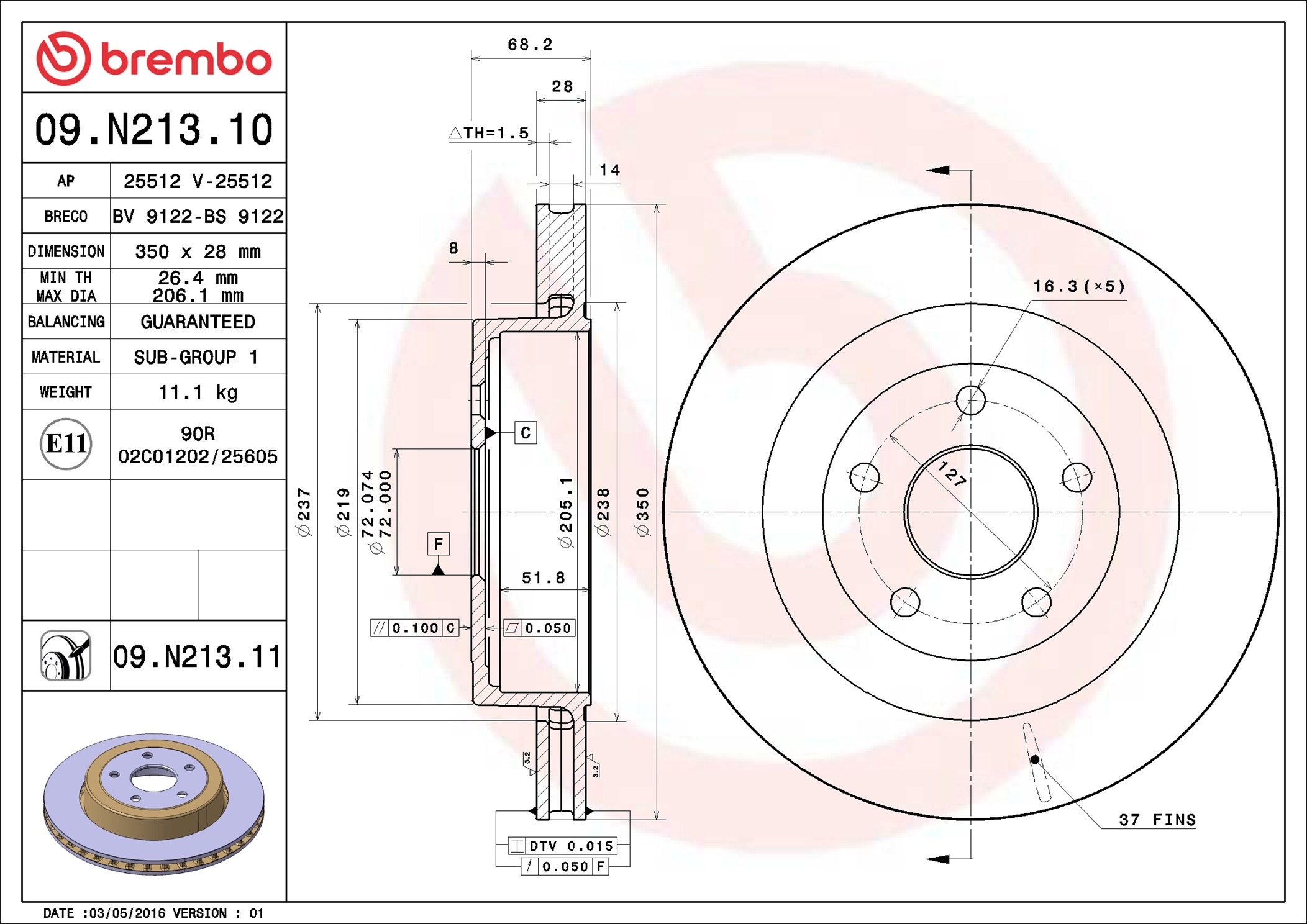 Disco freno BREMBO 09N21311