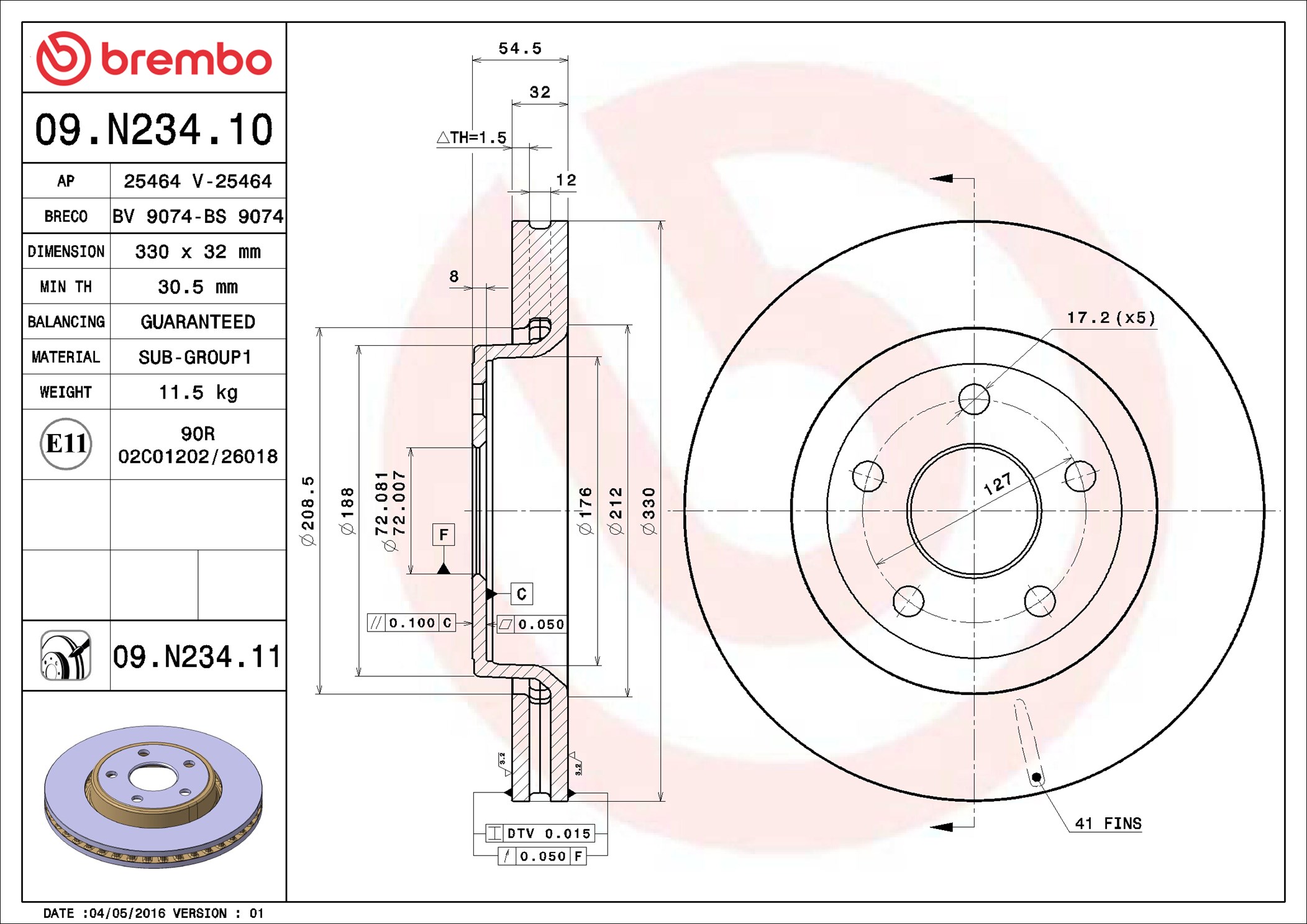 Disco freno BREMBO 09N23411