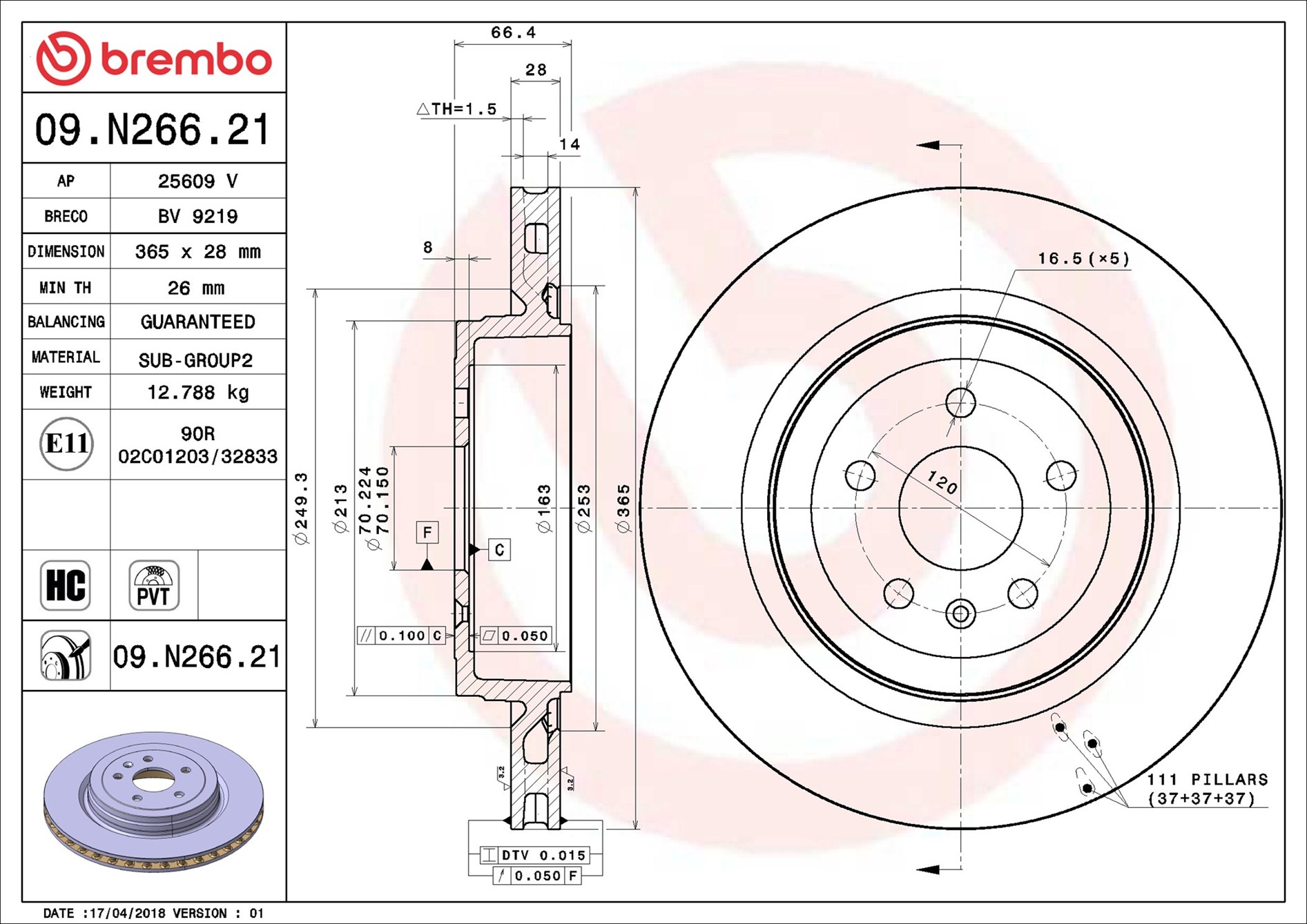 Disco freno BREMBO 09N26621