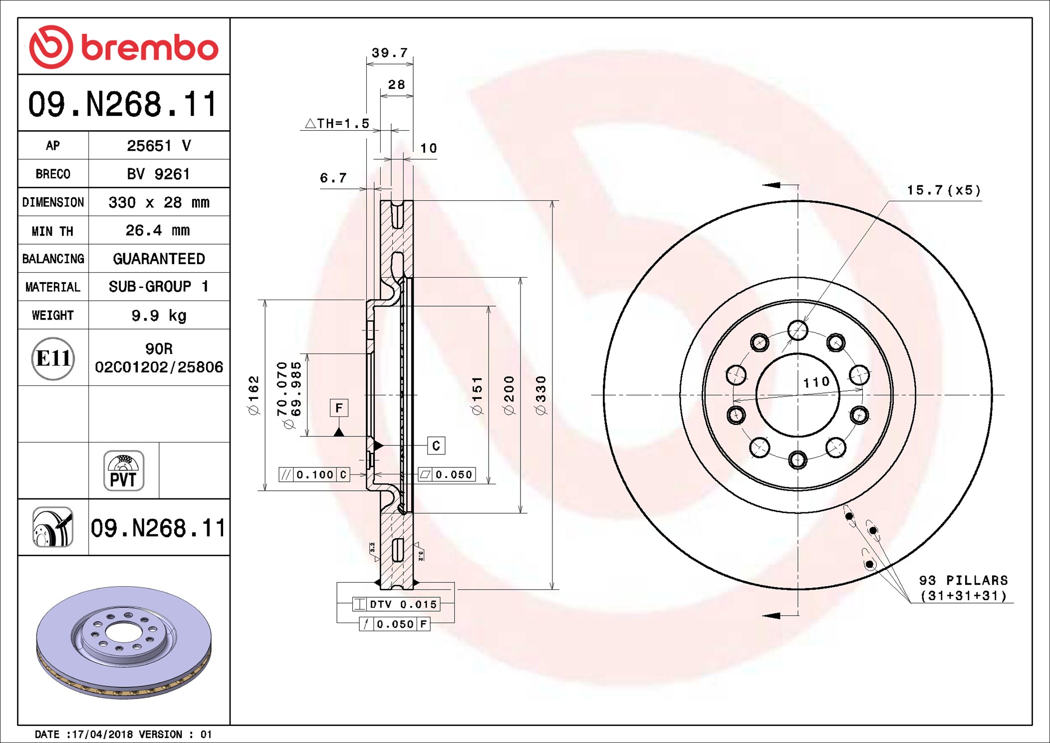 Disco freno BREMBO 09N26811