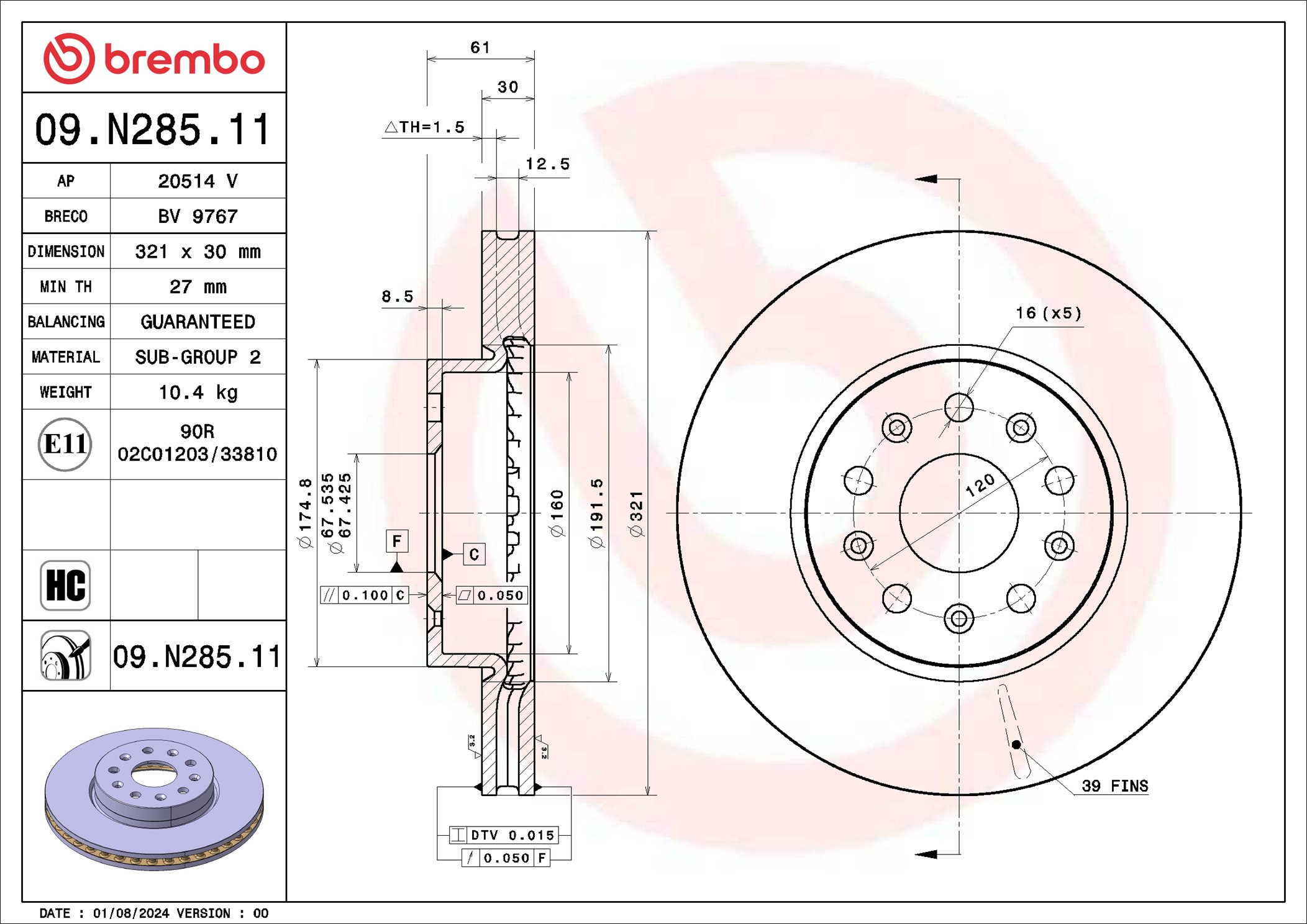 Disco freno BREMBO 09N28511