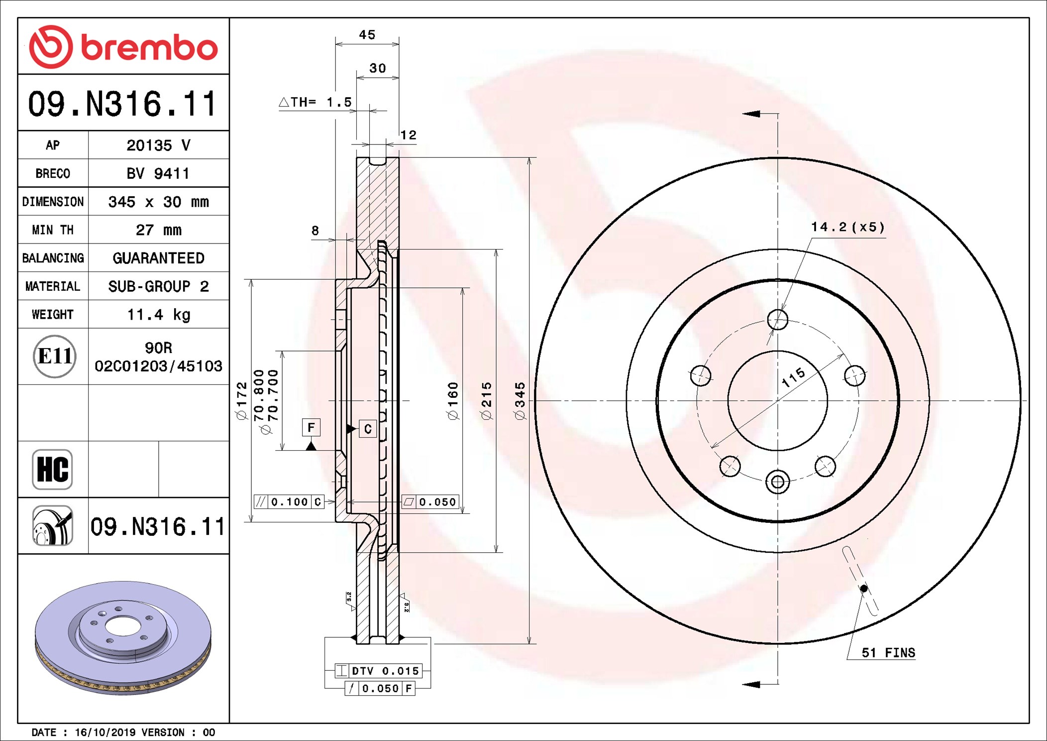 Disco freno BREMBO 09N31611