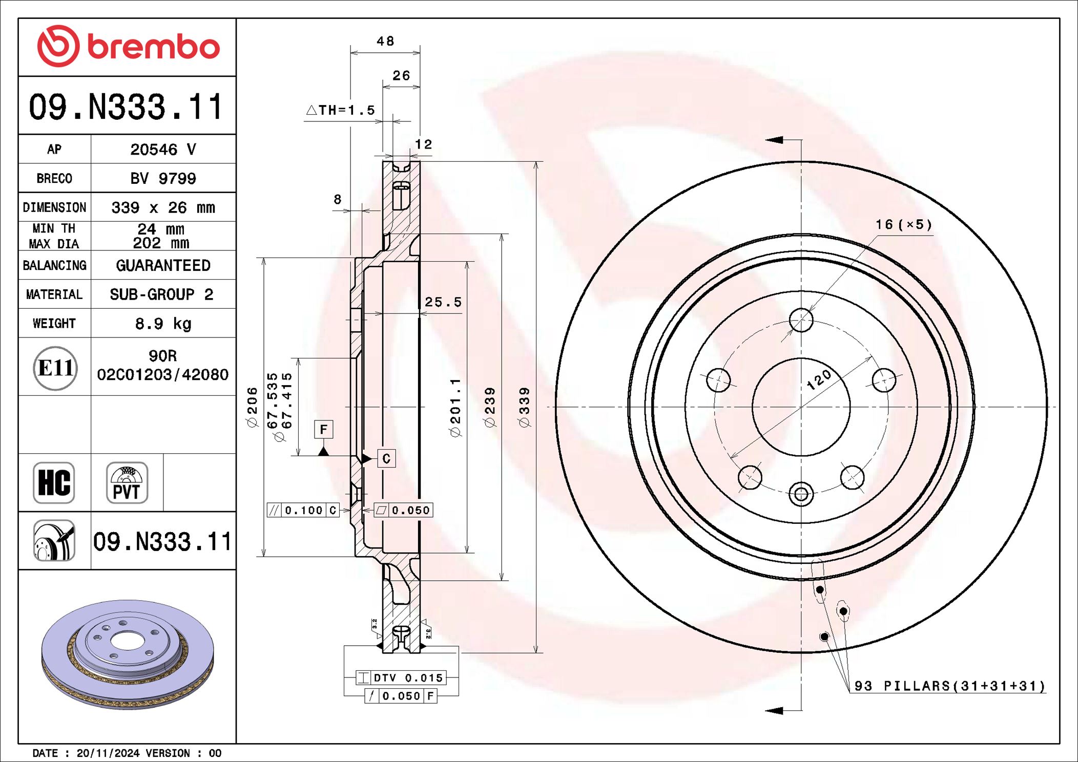 Disco freno BREMBO 09N33311