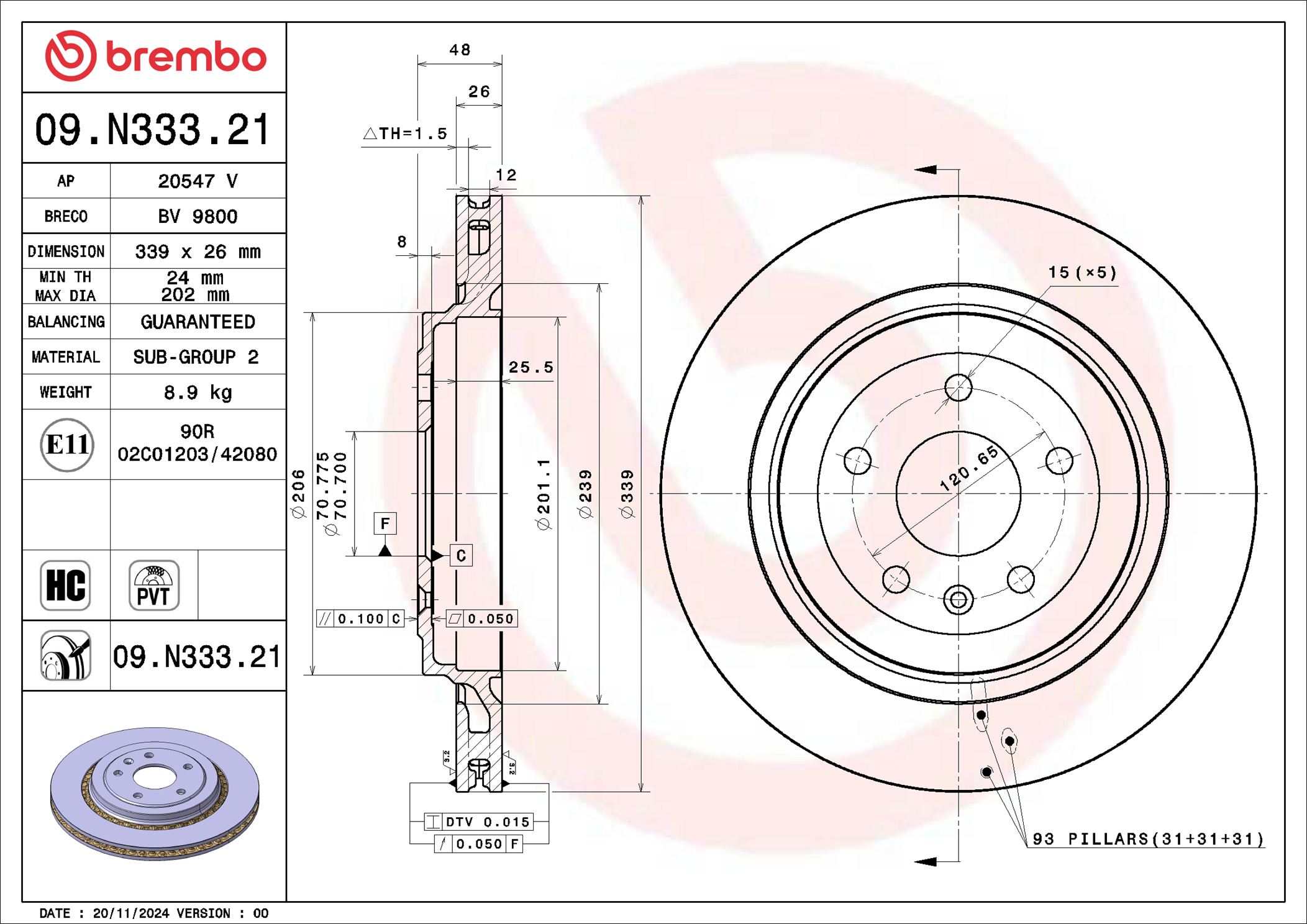 Disco freno BREMBO 09N33321