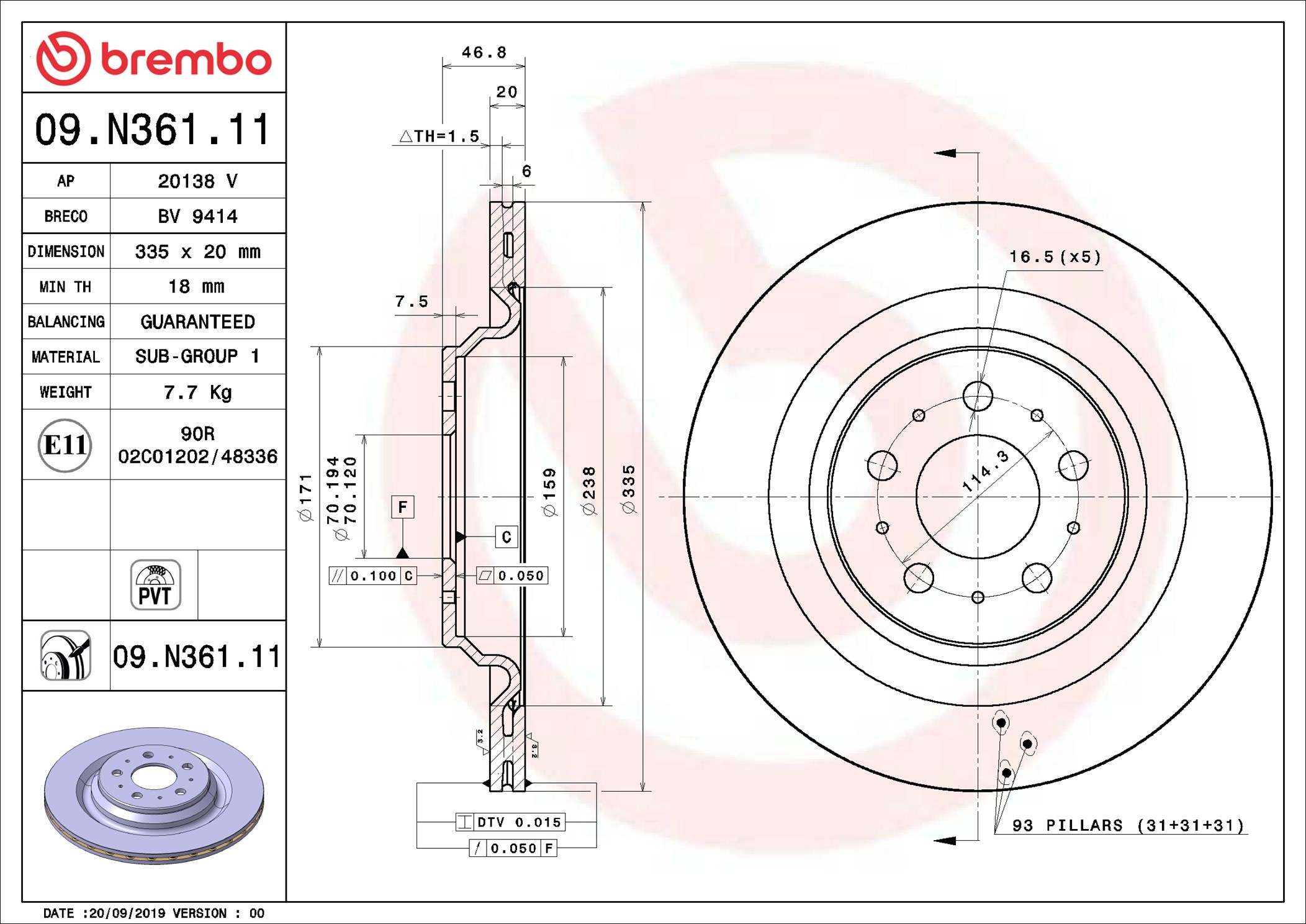 Disco freno BREMBO 09N36111