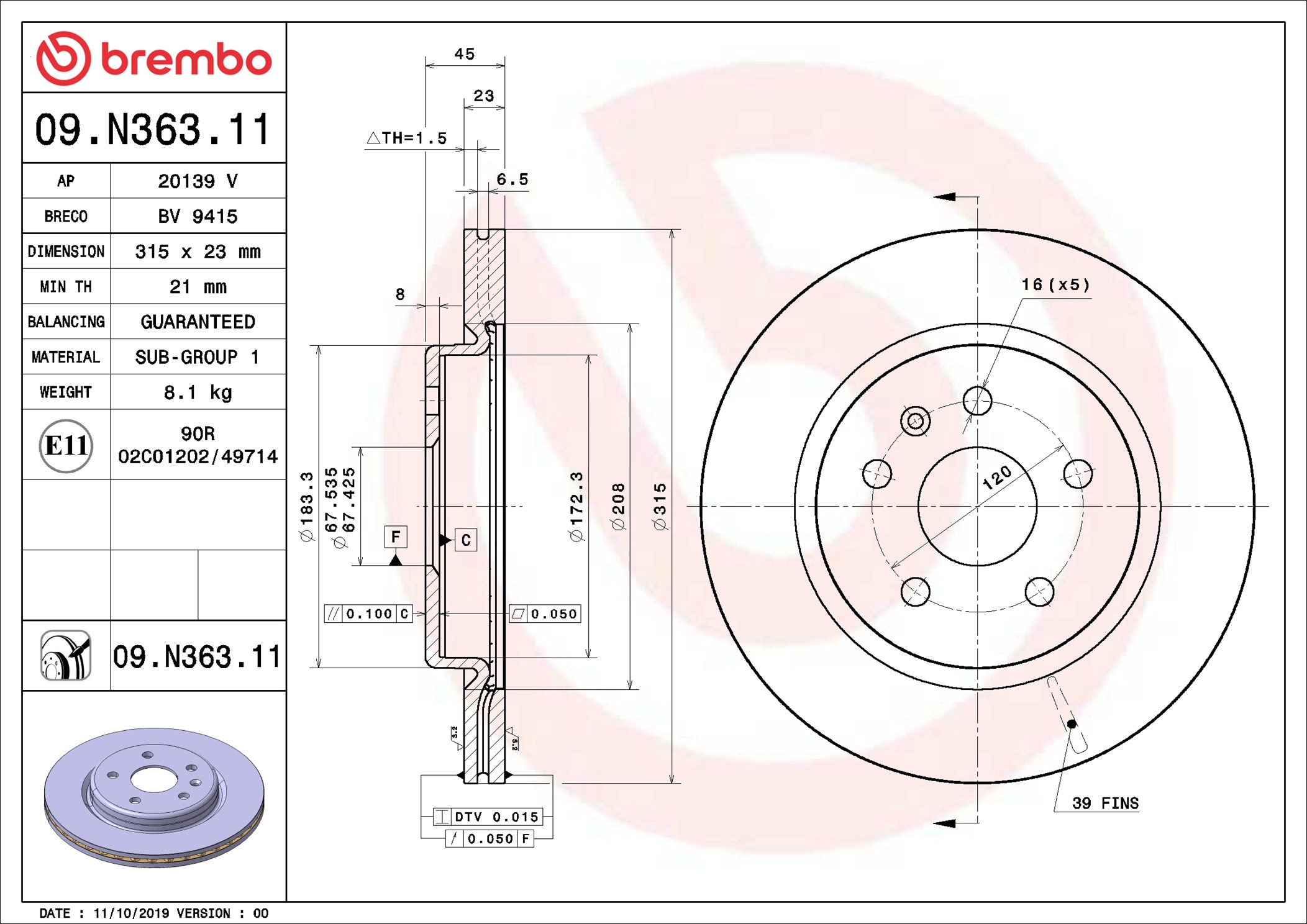 Disco freno BREMBO 09N36311