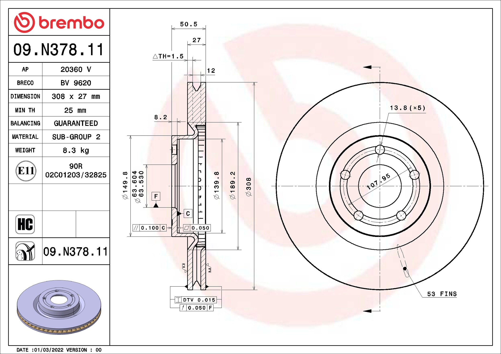 Disco freno BREMBO 09N37811