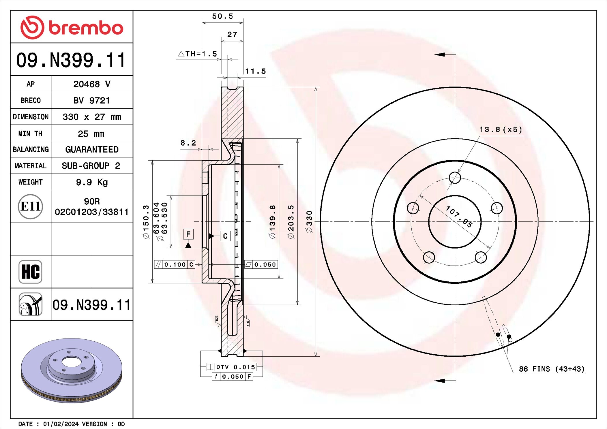 Disco freno BREMBO 09N39911
