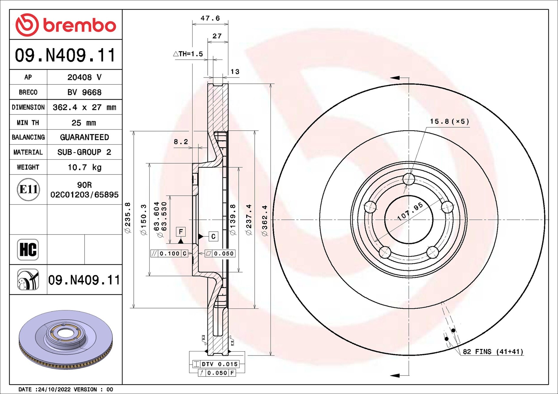 Disco freno BREMBO 09N40911