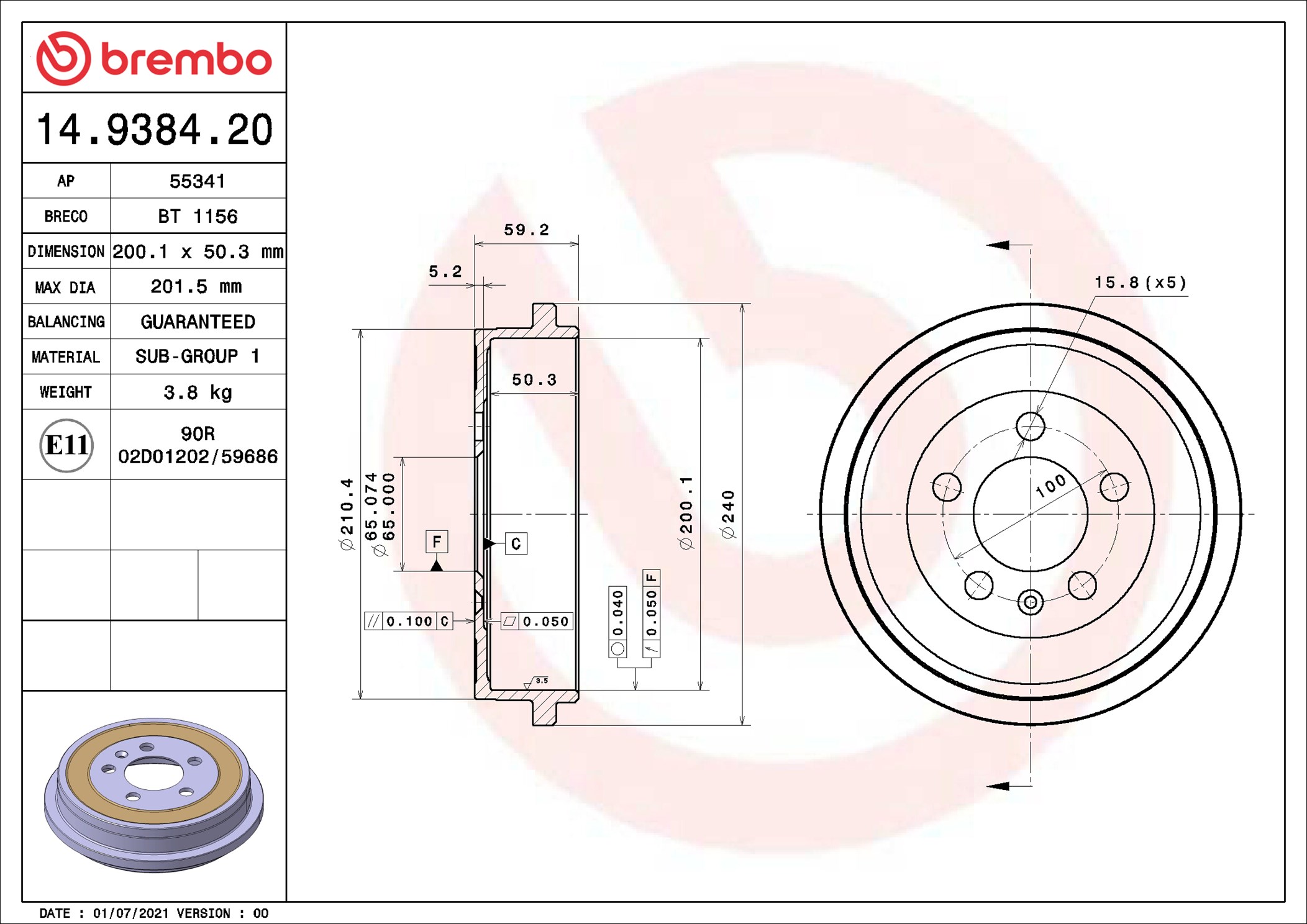 Tamburo freno BREMBO 14938420
