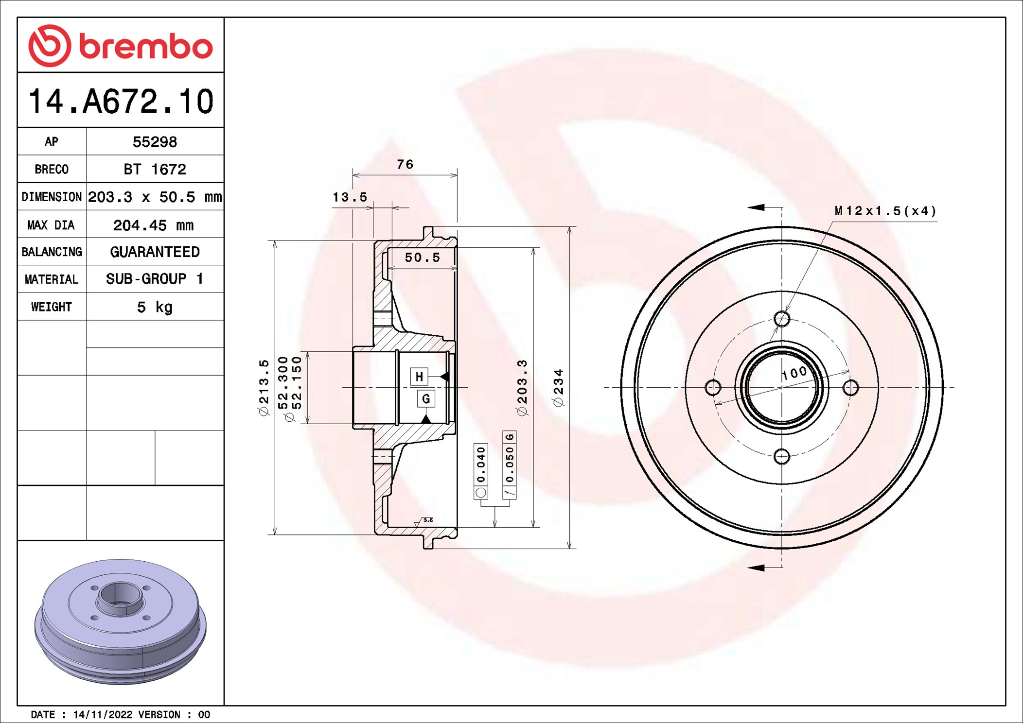 Tamburo freno BREMBO 14A67210