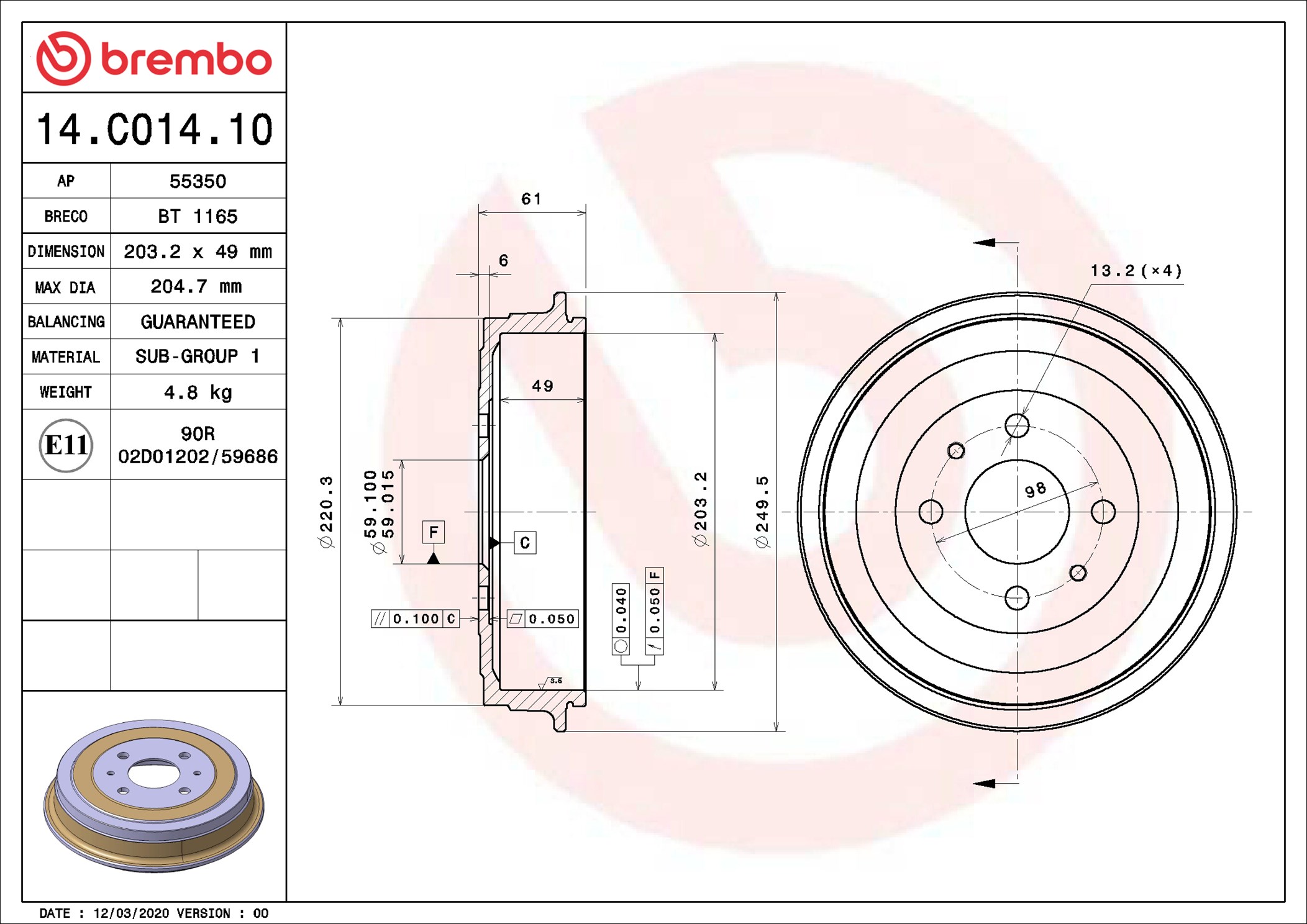 Tamburo freno BREMBO 14C01410
