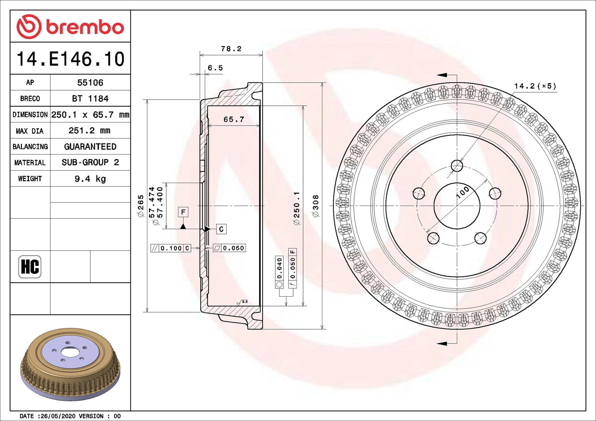 Tamburo freno BREMBO 14E14610