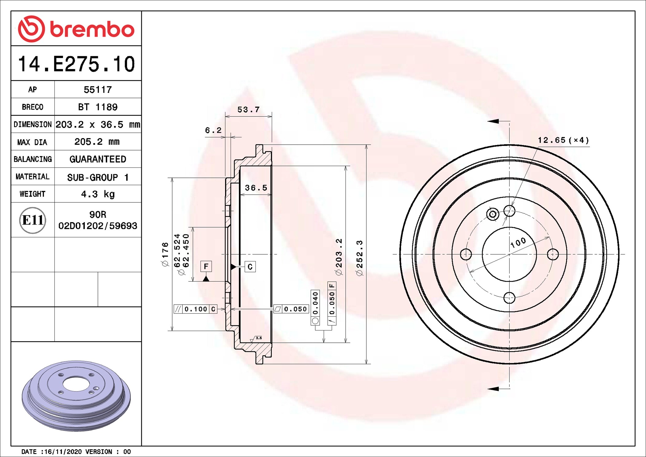 Tamburo freno BREMBO 14E27510