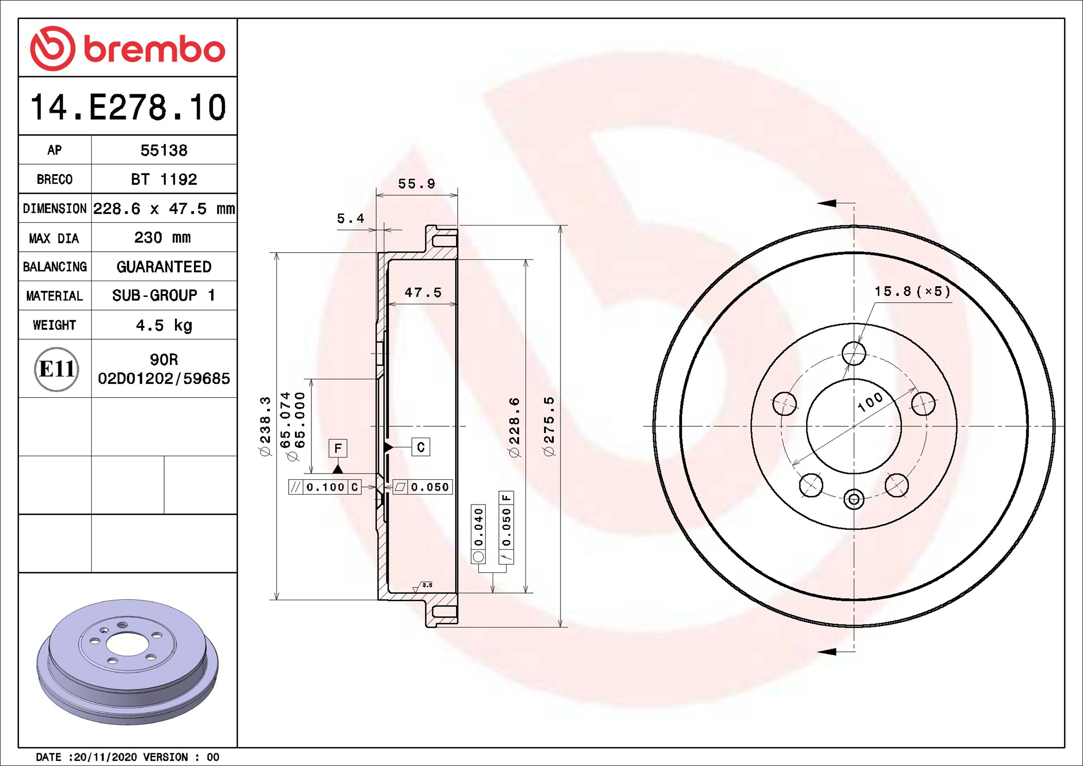 Tamburo freno BREMBO 14E27810