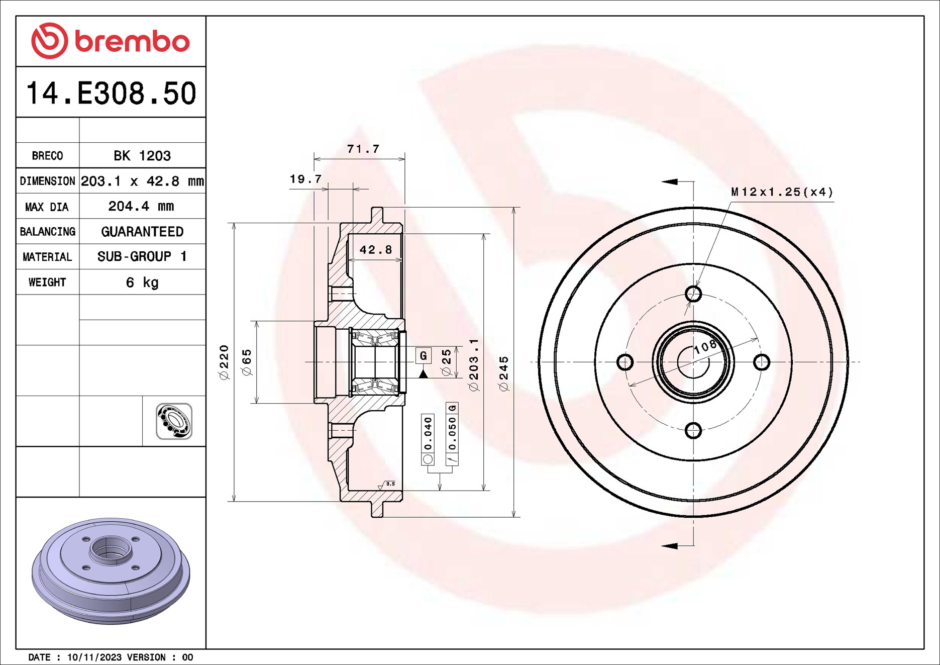 Tamburo freno BREMBO 14E30850