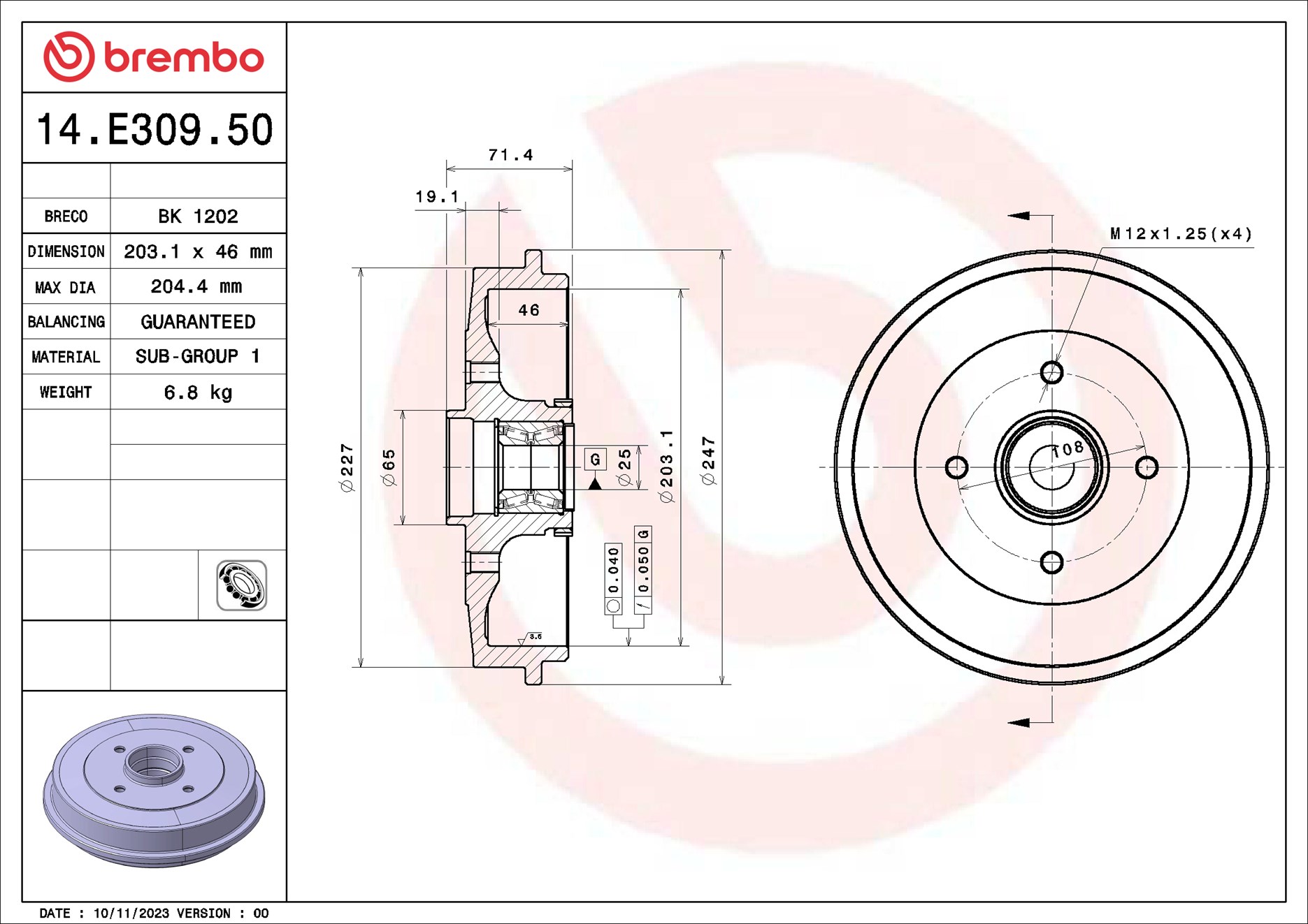 Tamburo freno BREMBO 14E30950