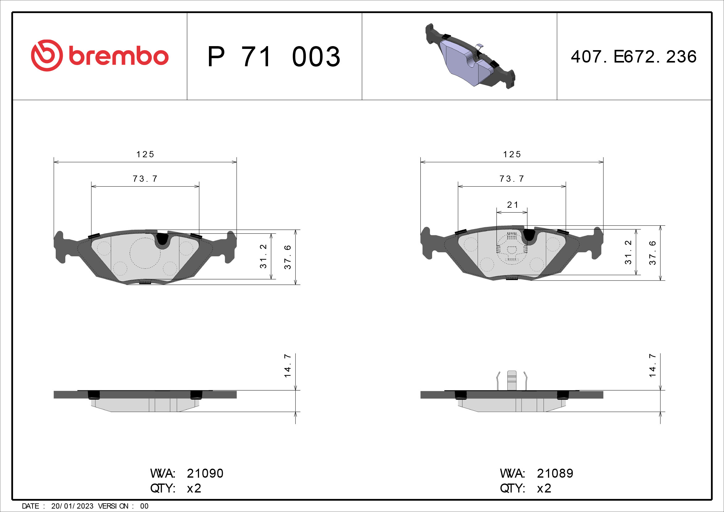 Pastiglie freno BREMBO P71003