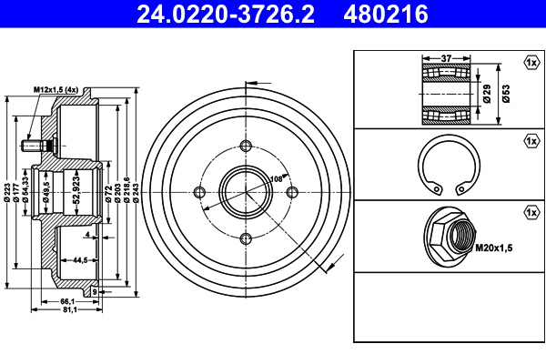 Tamburo freno ATE 480216