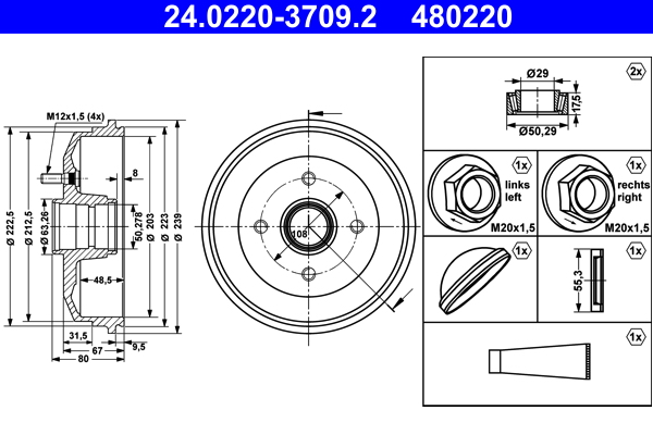 Tamburo freno ATE 480220